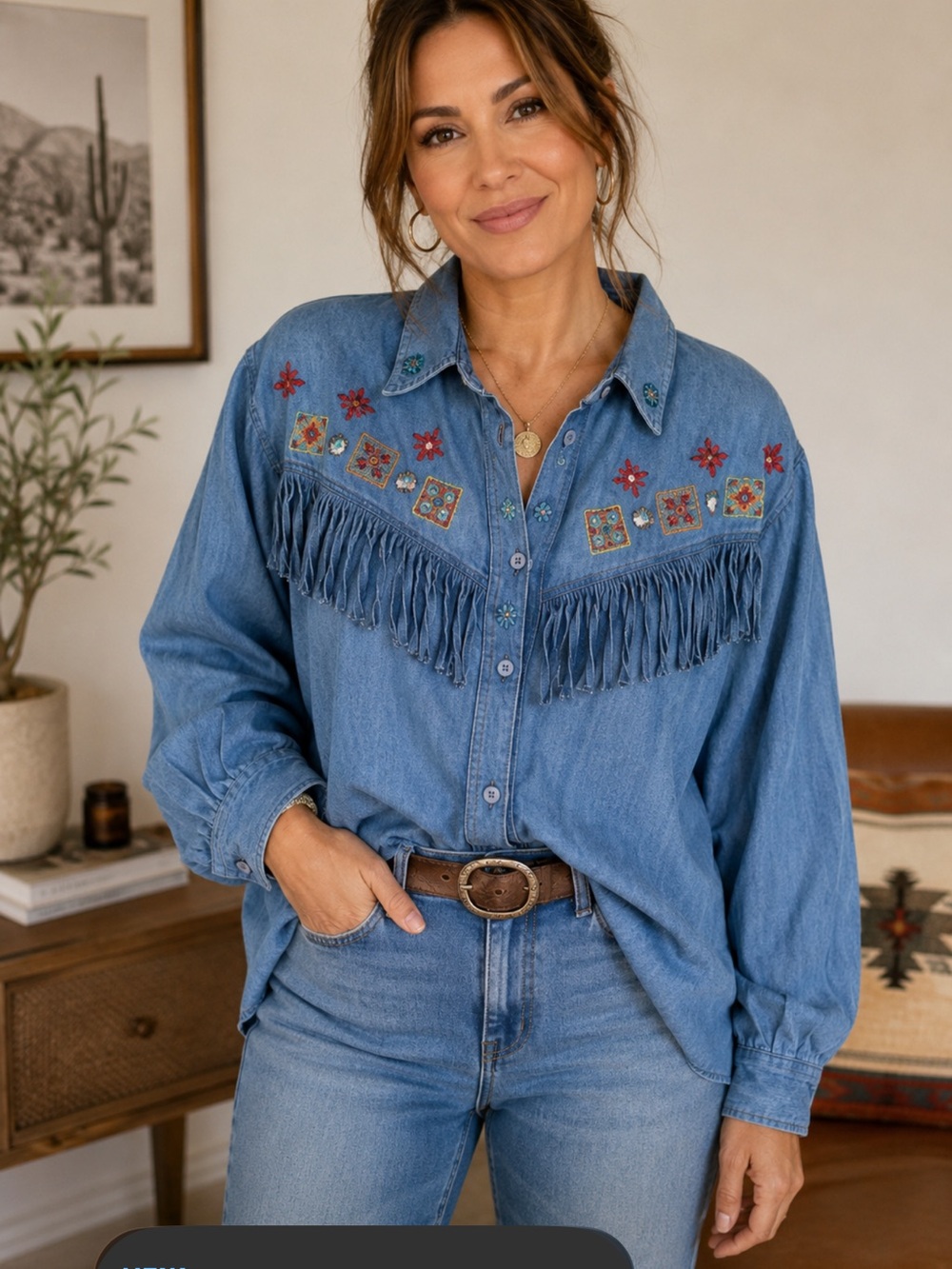 Gepetto Vintage Western Fringe Denim Button down sz M Southwestern embroidered